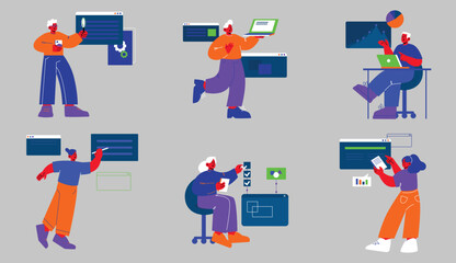 Set of People Interacting with Digital Interfaces, UI/UX Designers and Developers in Action