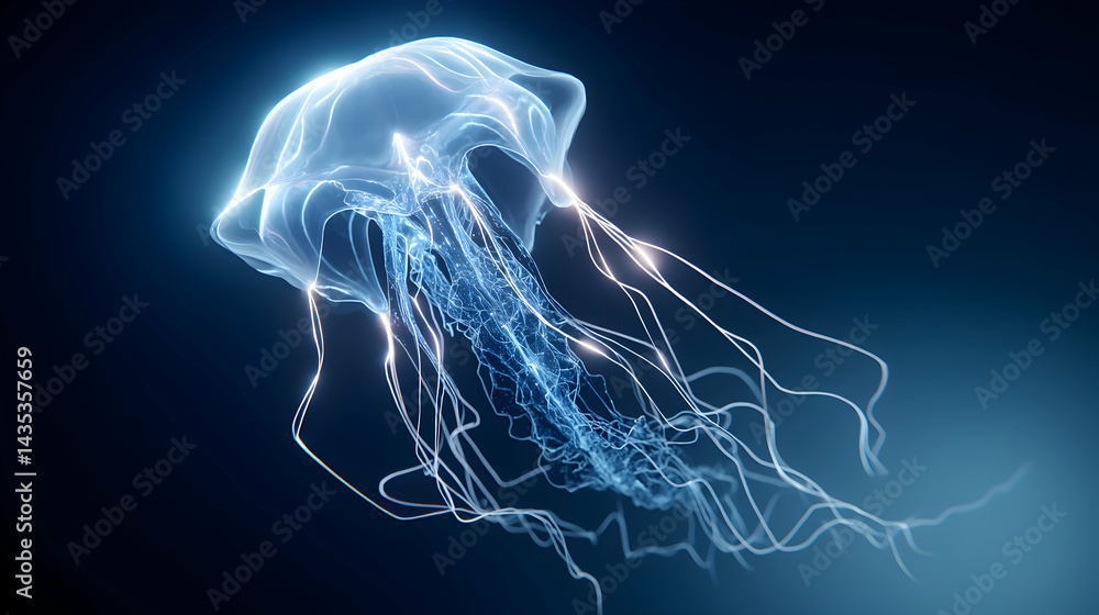 Poster abstract bioluminescent jellyfish illuminates the deep ocean with its ethereal glow in a captivating