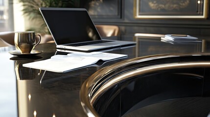 Sleek modern work desk with laptop, documents, and a coffee cup on a shiny surface