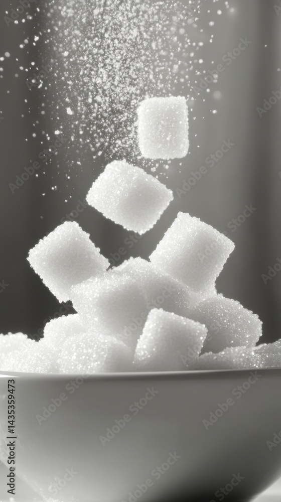 Poster captivating monochrome still life of sugar cubes falling into a bowl creating a dynamic and elegant 