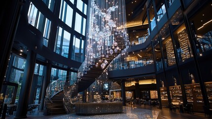 Obraz premium Spiral chandelier captured from below showcasing symmetry and sparkle