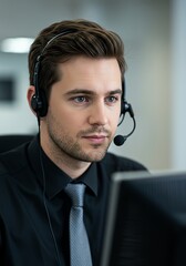 Man Working at Computer Wearing Headset at the Office