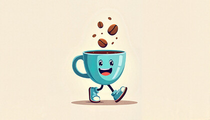 Cheerful walking teacup character with coffee beans, playful design