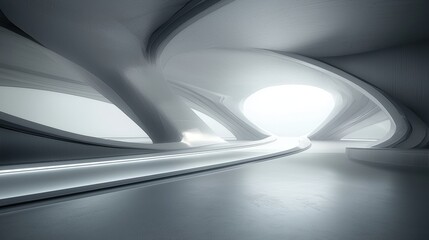 Fototapeta premium A futuristic corridor with curved walls and a smooth floor, illuminated by a bright light source.