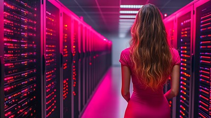 Woman in pink dress walks through glowing server room