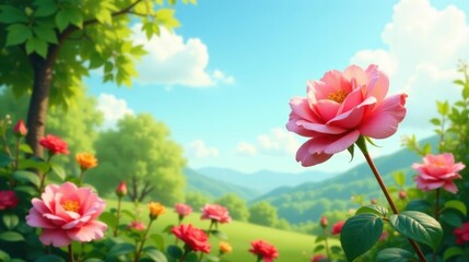 Obraz premium Serene Pink Rose in a Lush Green Meadow, Rolling Hills in the Background Under a Sunny Sky