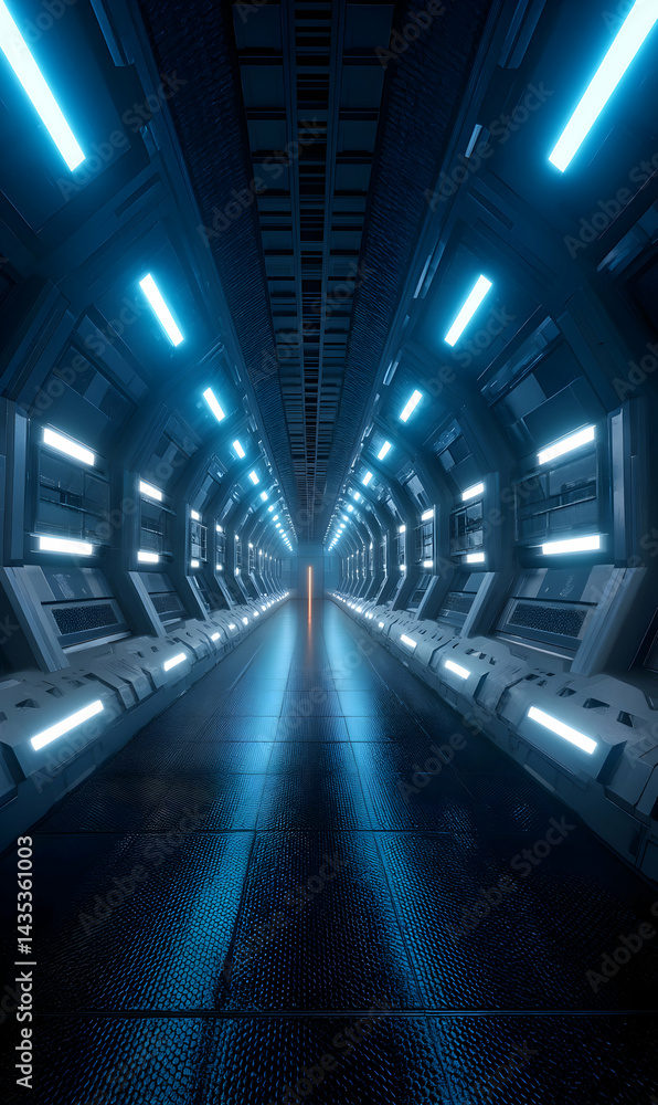 Poster a futuristic passage extends into the distance with glowing light design and interesting architectur