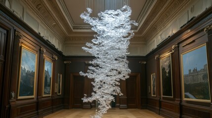 Tall crystal chandelier extending down from the ceiling in spirals of silver light