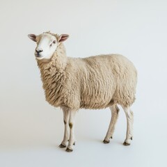 Obraz premium A sheep standing in a white studio with its woolly coat visible clearly