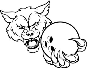 A wolf angry animal sports mascot holding a ten pin bowling ball