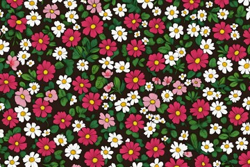 Seamless Floral Pattern Pink White Cosmos Daisies Flowers Dark Background