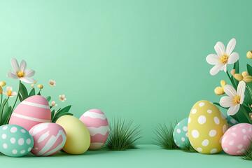 Colorful Easter eggs surrounded by flowers and grass on a soft green background