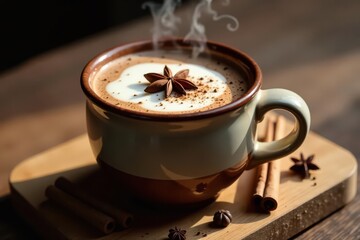 Warm Spiced Beverage in a Rustic Mug with Cinnamon Sticks and Star Anise on a Wooden Board