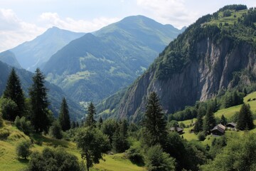 Fototapeta premium Scenic Alpine Valley Vista with Lush Green Forest and Majestic Mountain Peaks in Summer Sunlight
