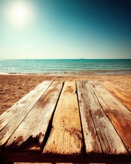 Fototapeta premium Serene beach vista featuring a weathered wooden table overlooking tranquil blue ocean under a bright sun evoking a sense of peaceful summer escape and coastal relaxation