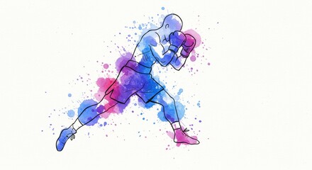 Fototapeta premium Dynamic Boxer Illustration: Watercolor Splash Art with Fluid Motion and Energetic Pose