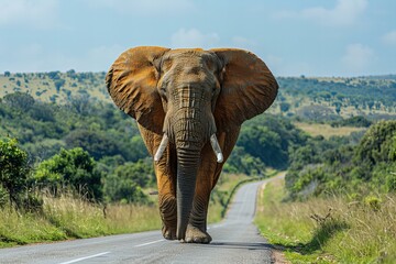 Fototapeta premium Elephant walking on road in South Africa, full body portrait, telephoto lens