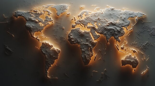 Illuminated 3D world map, textured, glowing edges