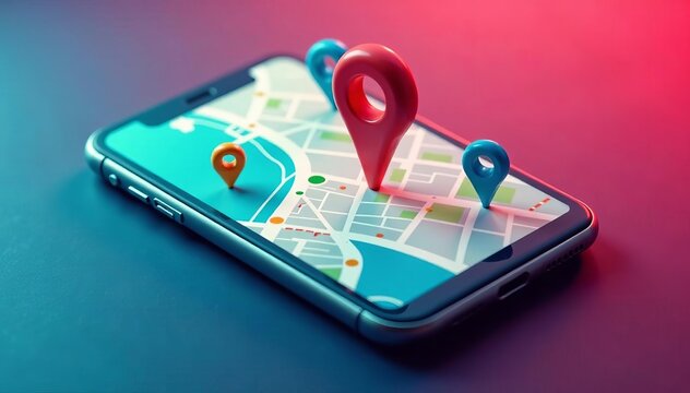 Mobile phone with map for local SEO optimization, business, device, digital marketing