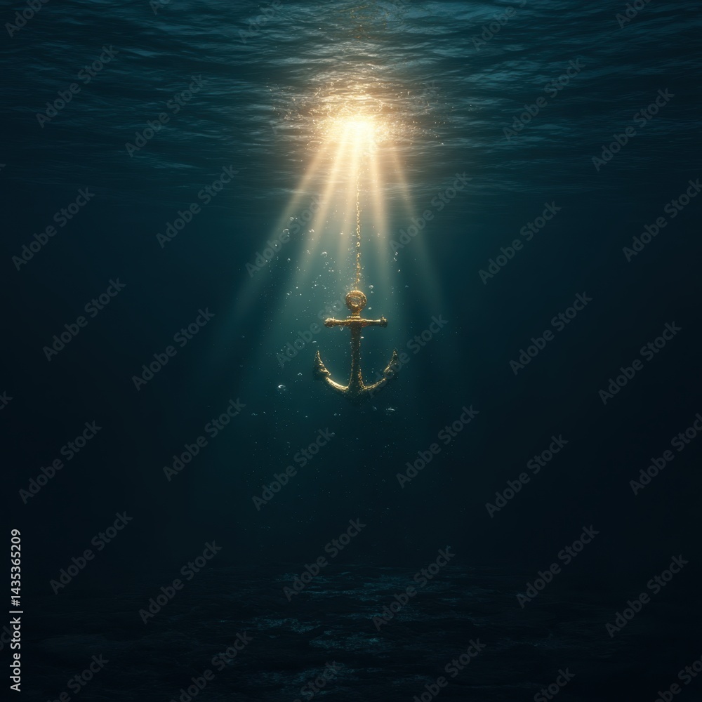 Poster golden anchor descends into deep ocean illuminated by sunbeams creating a serene and mysterious unde