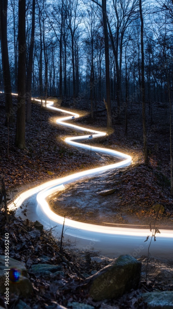 Poster enchanting forest path illuminated by a winding trail of light creating a serene and mystical atmosp