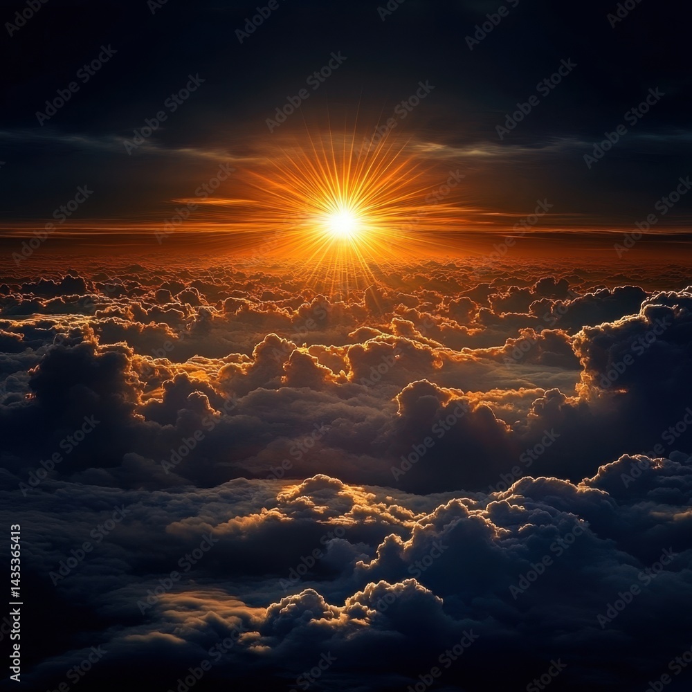 Poster dramatic aerial view of golden sunset over dense cloudscape creating a celestial and ethereal atmosp
