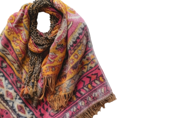 Colorful, patterned textile hanging  Detailed fringed edges and intricate design