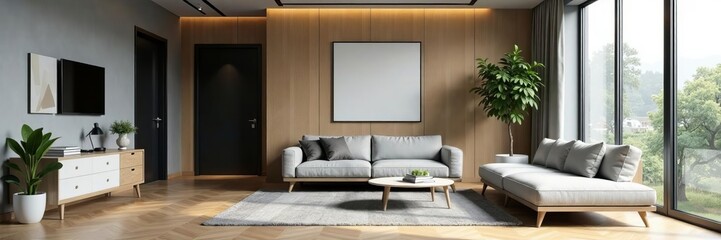 Modern gray and wood corner office lounge with minimalist decor, corner, lounge, minimal