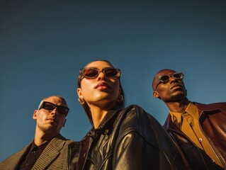Stylish trio in sunglasses against a clear blue sky capturing a modern fashion aesthetic with a low angle perspective and warm sunlight creating a vibrant and confident mood