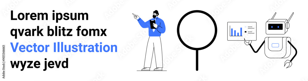 Poster man pointing at text, large magnifying glass symbolizing search, robot presenting data insights on a