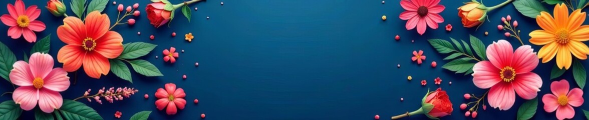 Obraz premium Navy blue backdrop with colorful flower assortment seamless design, backdrop, floral, decoration