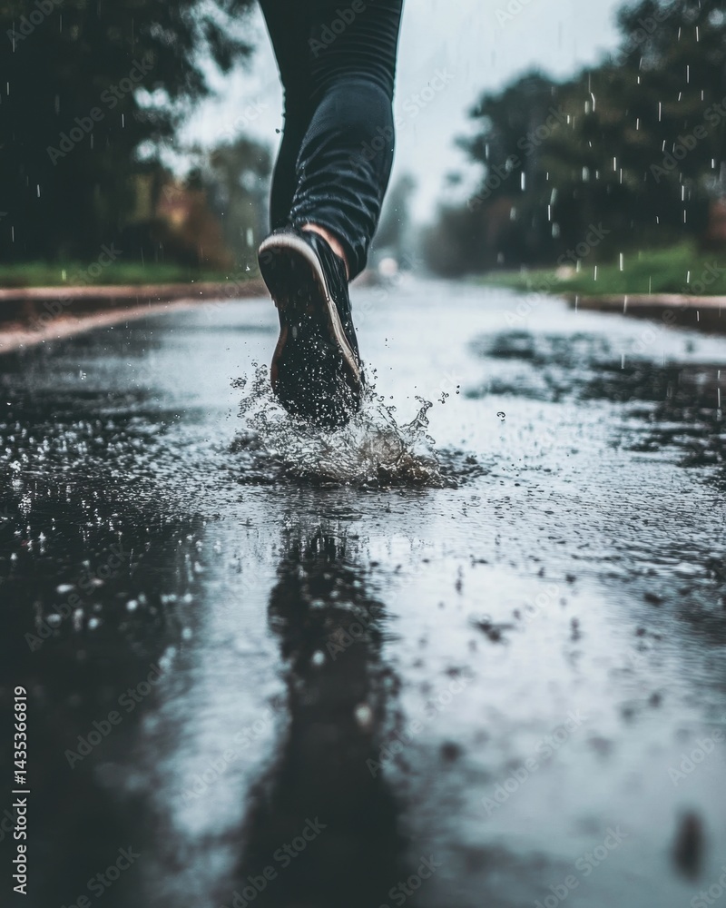 Poster rainy day run capturing the splash of a shoe hitting a puddle on a wet road with trees blurred in ba