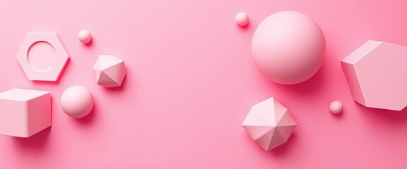 Overhead shot of pink geometric shapes & sphere on pink backdrop, graphic, shapes
