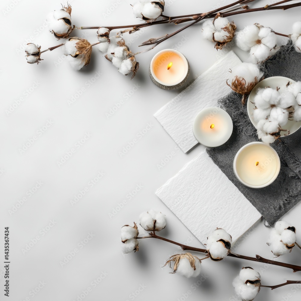 Poster serene composition of cotton flowers candles and textured papers creating a tranquil and inviting at