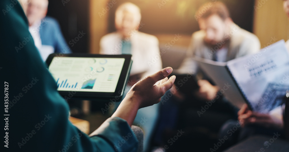 Poster business graphs, hands and discussion with tablet screen for data analysis, revenue performance or p