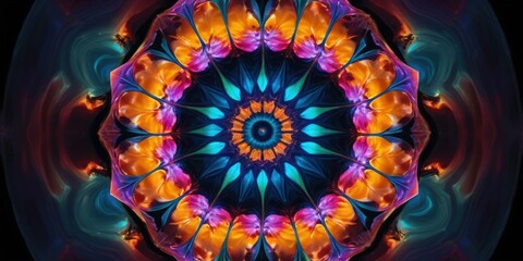 Fototapeta premium A vibrant, multi-hued flower blooms at the center of a swirling abstract design, featuring dynamic shapes and colors that enhance its beauty.