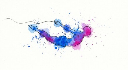 Watercolor free diver composition with vibrant colors and fluid movement art