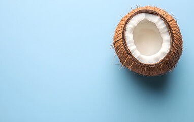 Half Coconut on Blue Background Tropical Summer Fruit