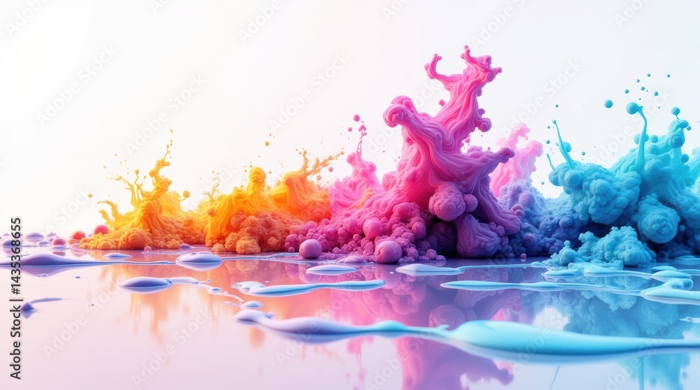 Poster dynamic and colorful abstract art featuring vibrant fluid paint splashes and swirls