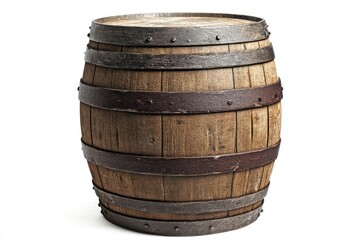 Obraz premium Aged wooden barrel with metal bands, isolated on white