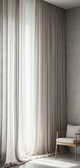 A cozy, upholstered chair sits invitingly in front of sheer, flowing curtains that gently filter sunlight, creating a warm and serene atmosphere.