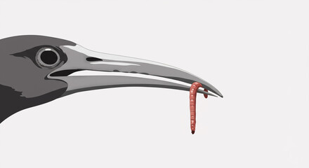 ミニマルな白背景に鳥のくちばしとミミズが際立つクローズアップイラスト