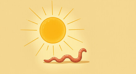 朝日の中を照らす一本のミミズと太陽、早起きを象徴する温かなイラスト