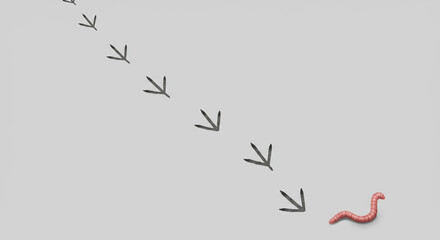 淡いグレー背景に鳥の足跡とミミズが描かれた静謐な物語性イラスト