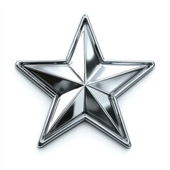 Isolated close up of a shiny chrome five pointed star on a white background