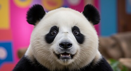 Obraz premium Panda Portrait Vibrant Colors A Happy Panda Close Up Joyful Panda Face Charming Panda Panda Smile Up Close With A Panda Giant Panda The Panda's Gaze Peaceful Panda Sweet Panda Face AI Generated