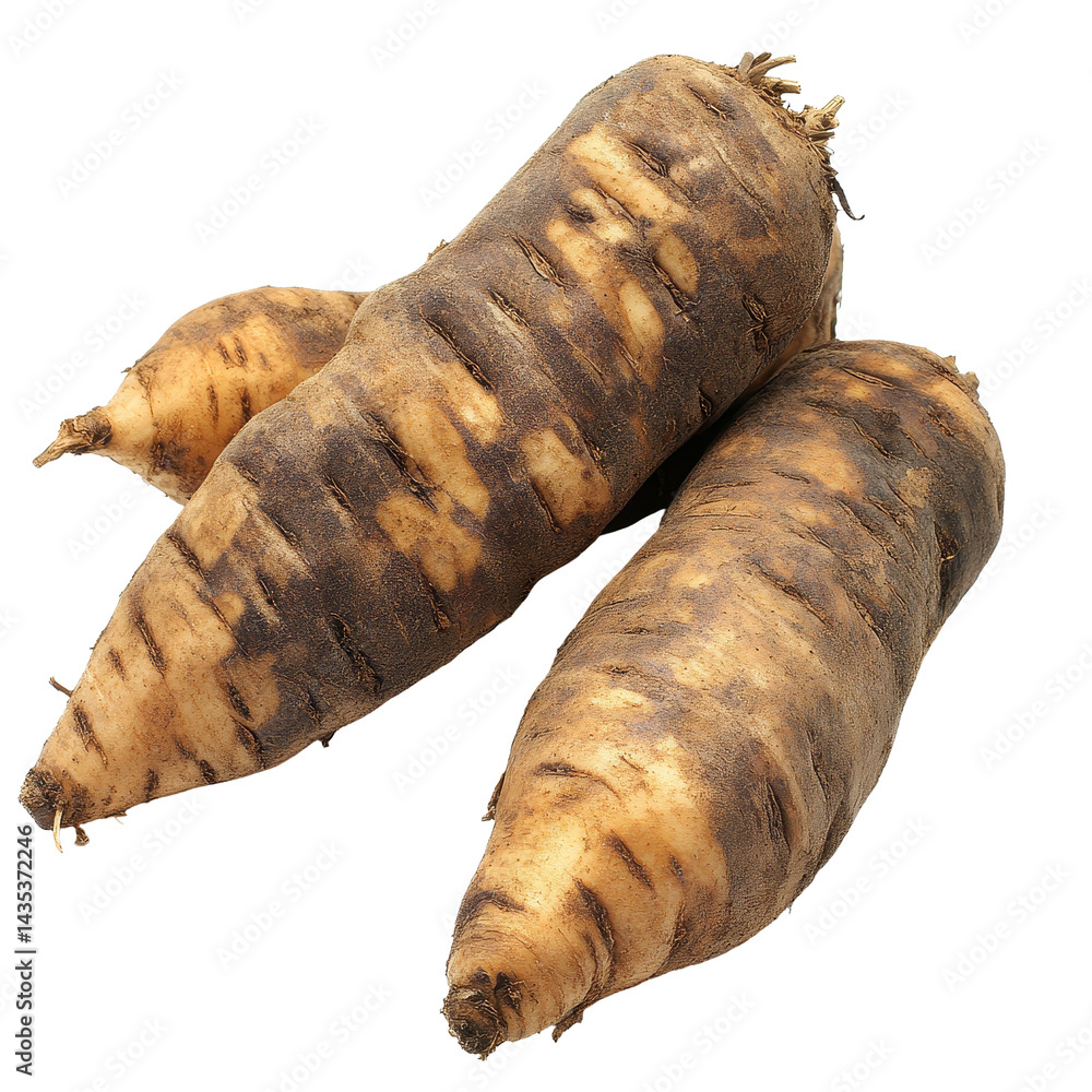 Poster fresh yacon roots displayed isolated on a white background highlighting their unique texture and sha