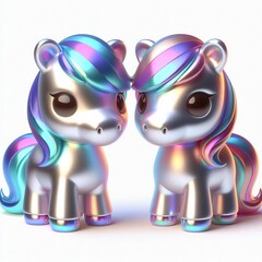 Animated character 3D image of two Shetland breed ponies, metallic holographic style cute design, white background, new year theme