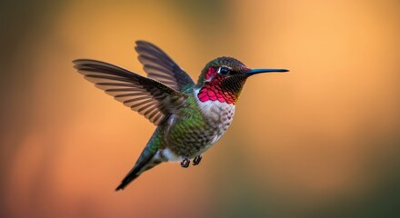 Fototapeta premium Hummingbird in Flight Showing Vibrant Colors Against Blurred Orange Background