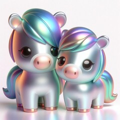 Animated character 3D image of two Shetland breed ponies, metallic holographic style cute design, white background, new year theme